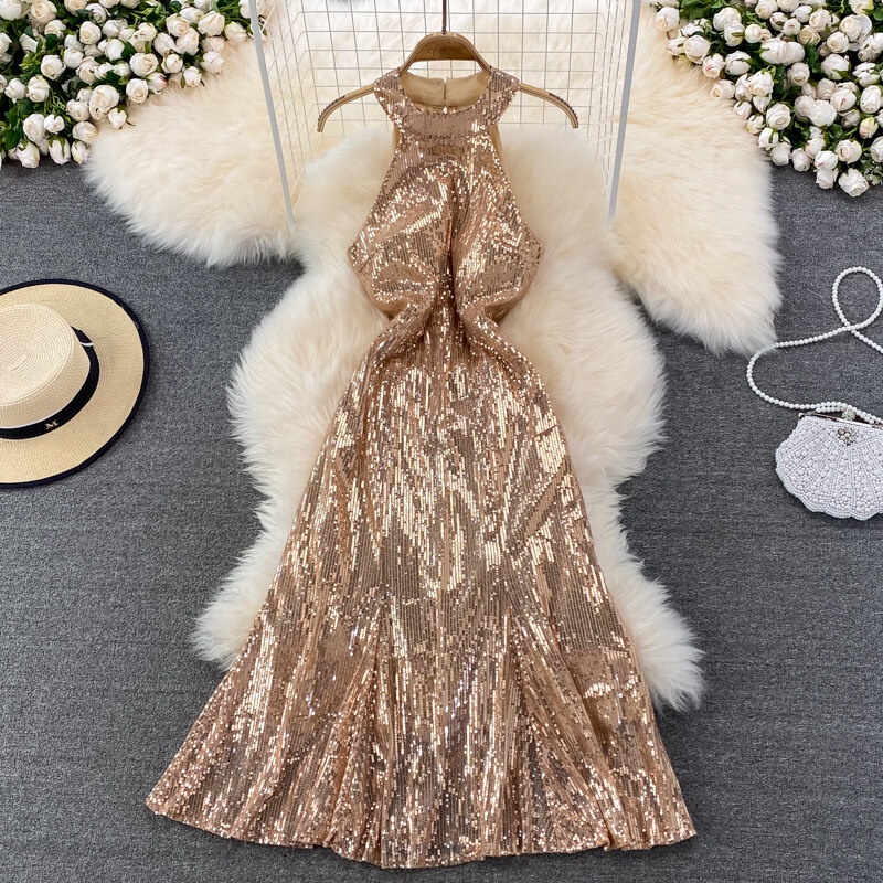 Đầm Dự Tiệc Hàn Quốc Không Dây Cổ Treo Không Tay Đính Kim Sa Thiết Kế Sang Trọng Nhẹ Cho Nữ Váy Dài Xòe Lớn