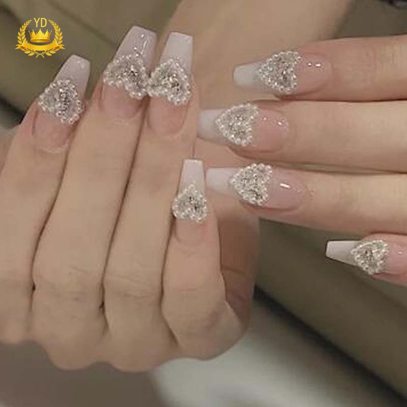 Bộ Móng Tay Giả Bằng Acrylic Màu Gradient Đính Nơ Ngọc Trai Và Trái Tim Xinh Xắn