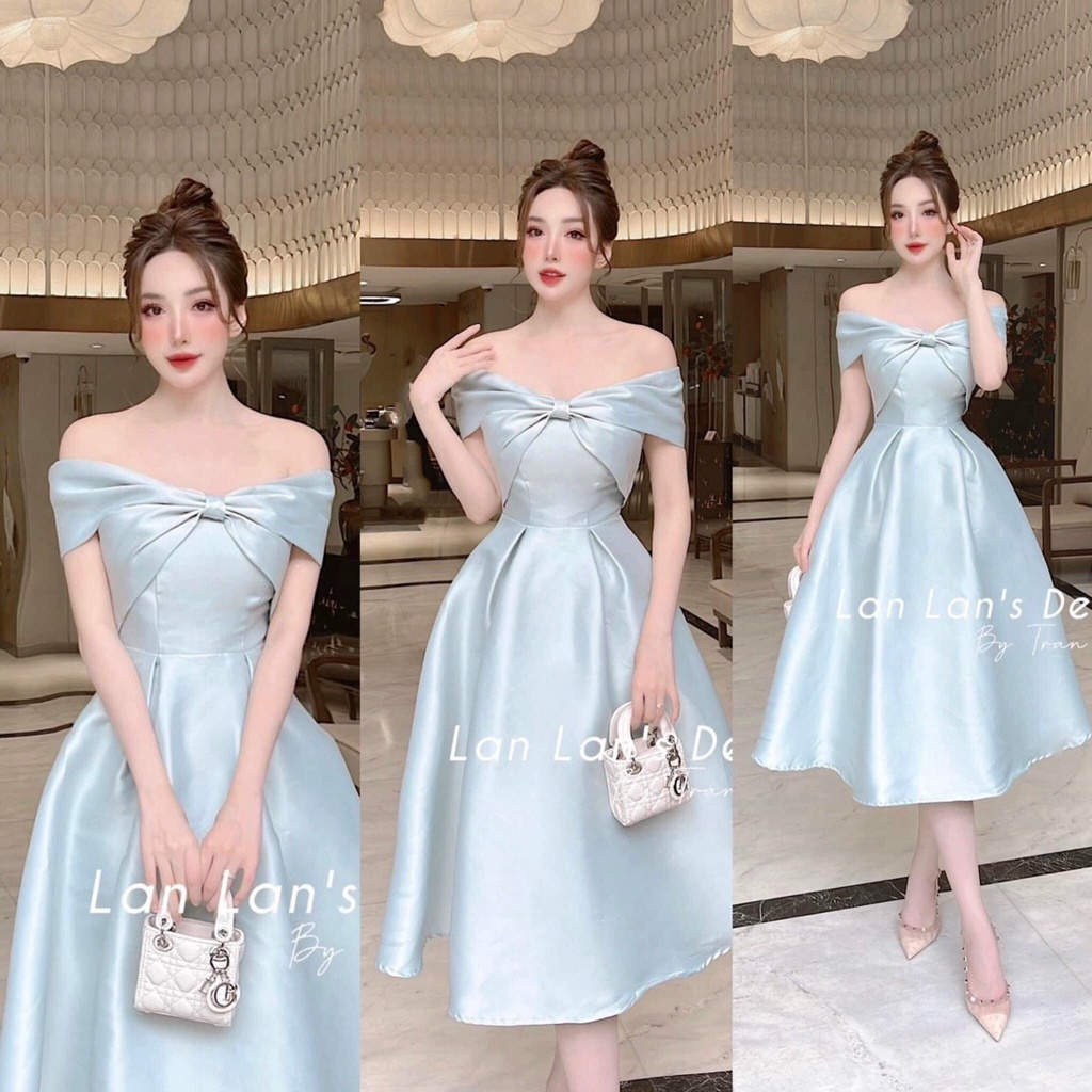 [8.8 Sales Freeship] Đầm nữ đi tiệc dáng dài, đầm midi trễ vai nơ ngực chất tapda thiết kế quyến rũ , sang chảnh