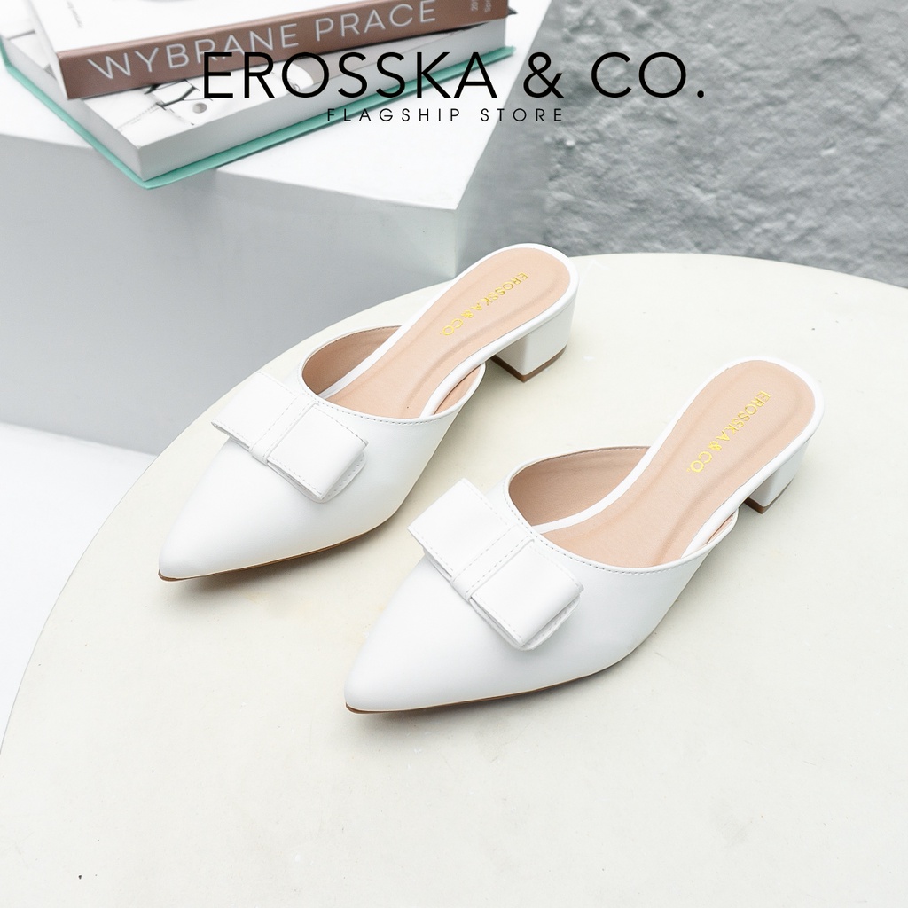 Erosska - Dép sục nữ mũi nhọn phối nơ cách điệu cao 4cm màu trắng _ EH033