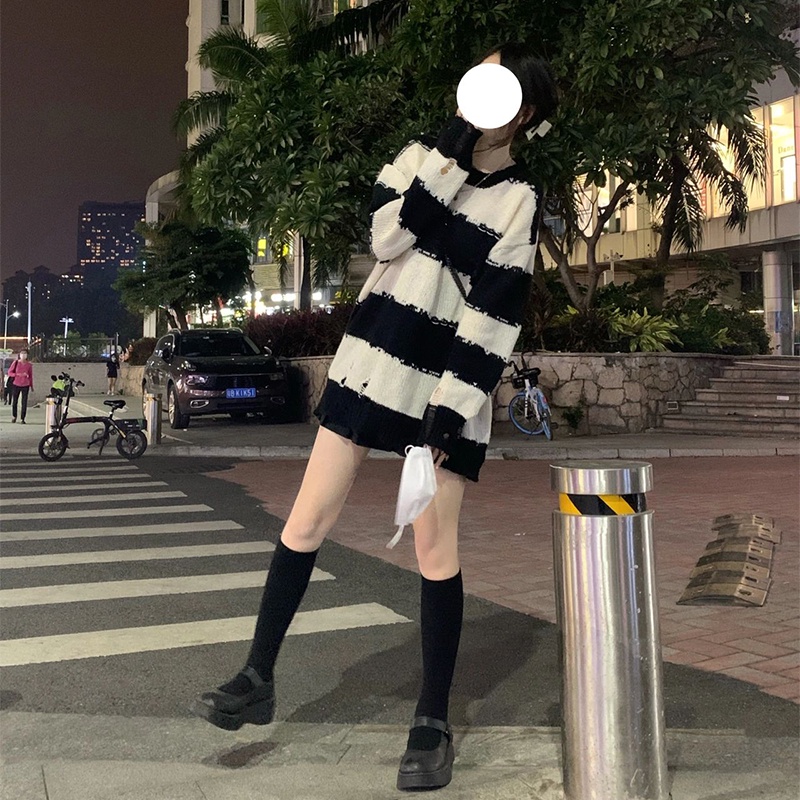 ZHELIHANGFEI Áo Len Form Rộng Họa Tiết Kẻ Sọc Theo Phong Cách Retro Dễ Phối Đồ