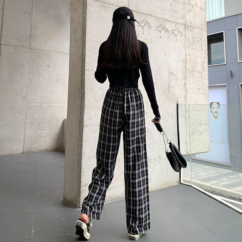 Quần Nữ Ống Rộng Lưng Cao Họa Tiết Caro Thời Trang