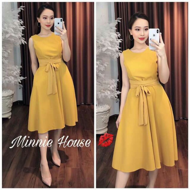 (KÈM ẢNH THẬT)Đầm xoè sát nách eo cột nơ đơn giản dễ thương
