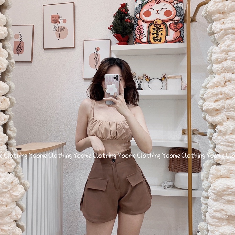 Quần short cạp cao xẻ đùi 2 bên quần đùi nắp túi cho nữ Yoome clothing