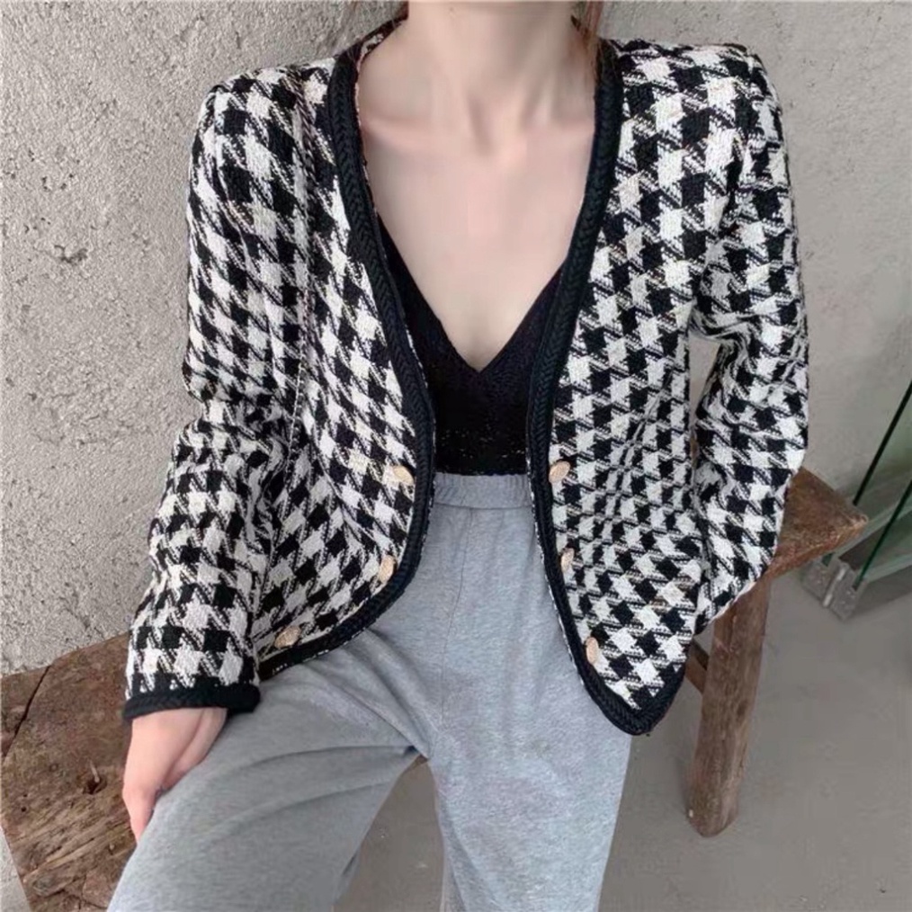 Áo dạ tweed cổ V họa tiết phong cách tiểu thư thu đông 2021_ có VIDEO thật | BigBuy360 - bigbuy360.vn