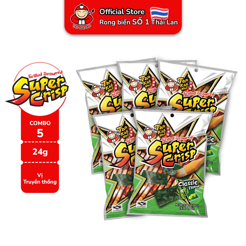 [COMBO] Snack rong biển TaoKaeNoi SUPER CRISP 24g (5 gói) vị Mực, vị Truyền Thống