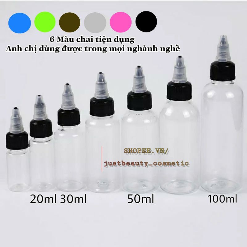 CHAI NHỰA PET nắp nhọn cao cấp - VỎ LỌ CHIẾT MỸ PHẨM  mực phun xăm 30ml 50ml 100ml TRONG NÂU TRẮNG XANH HỒNG