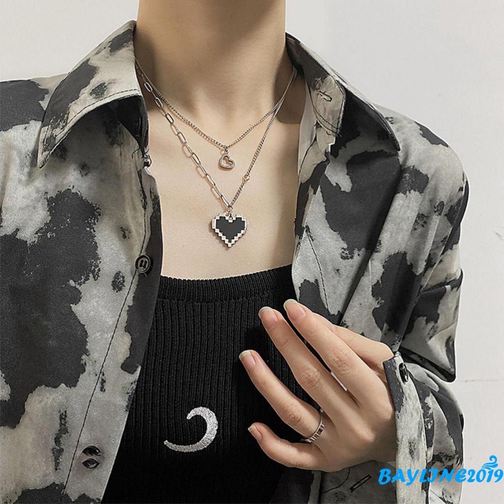 Dây chuyền hai lớp mặt hình trái tim mosaic màu đen phong cách hip hop làm quà valentine cho nữ