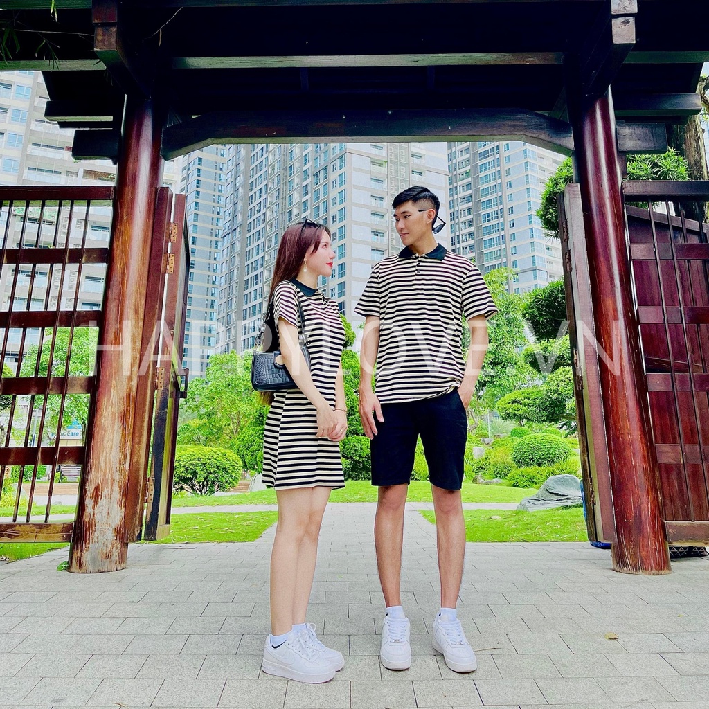 Đồ đôi nam nữ Set Couple Đầm nữ Áo nam kẻ sọc ngang hàng Quảng Châu cao cấp HAPPYLOVE, Set đồ đôi Áo nam Váy nữ mã H23