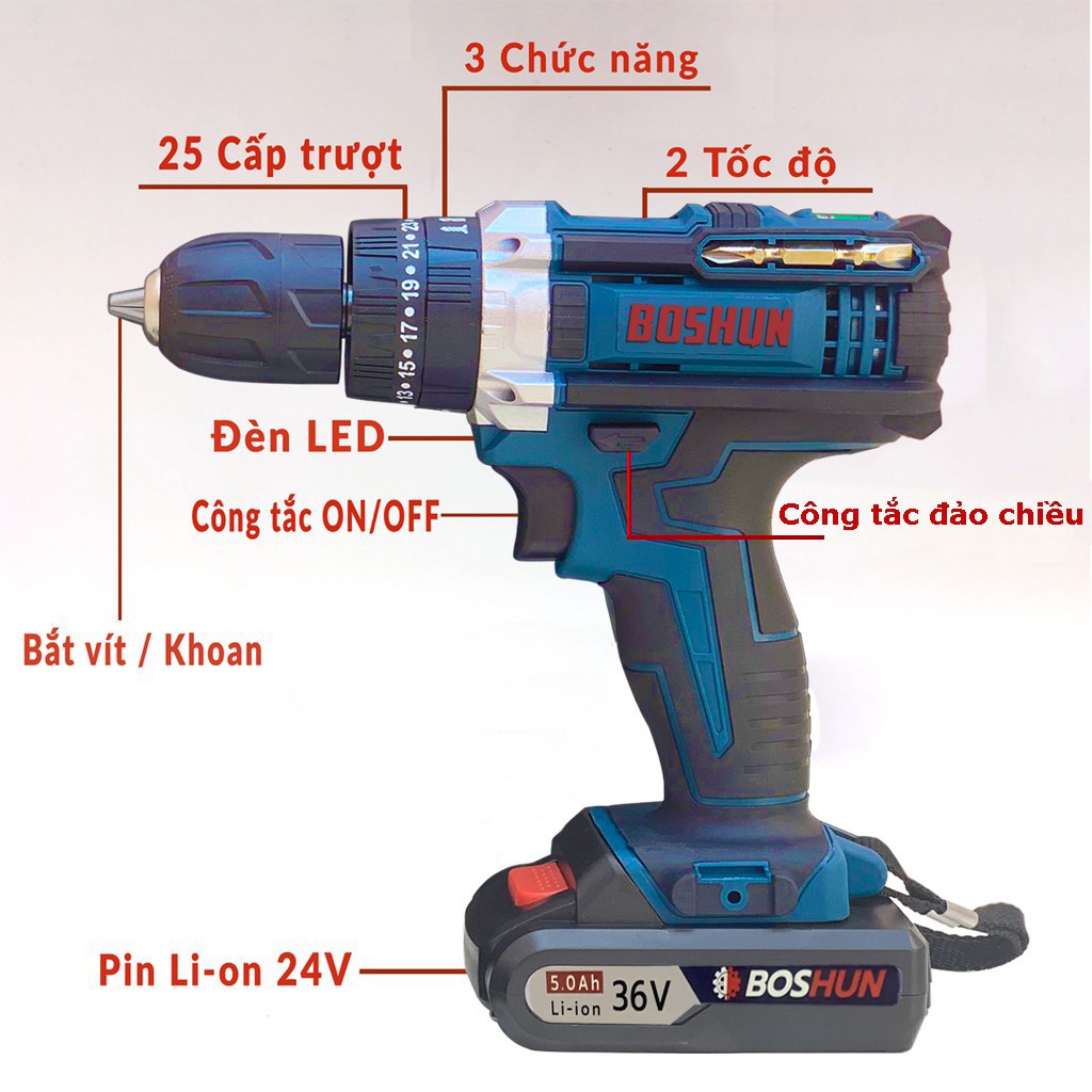MÁY KHOAN PIN BẮT VÍT BOSHUN 36V - 3 CHỨC NĂNG - ĐẦY ĐỦ ĐỒ NGHỀ - KHOAN TƯỜNG BẮN VÍT