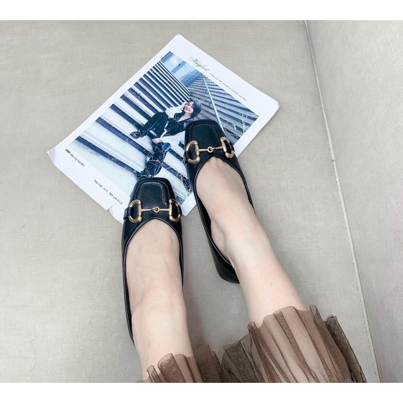 Giày bệt mũi vuông da lì nơ khoá vàng đế mềm, dẻo