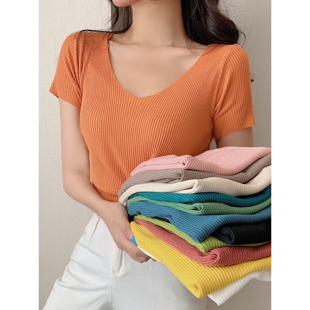 Áo cổ tim ôm body chất len tăm tay ngắn nhiều màu ulzzang Hàn Quốc A04 - Peyy Clothing | BigBuy360 - bigbuy360.vn