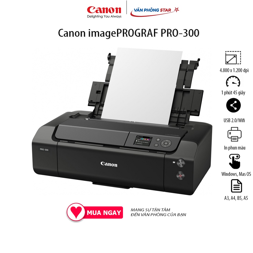 Máy in phun màu Khổ A3 Canon imagePROGRAF PRO-300 Độ phân giải 4.800 x 1.200 dpi Tốc độ in 1 phút 45s kết nối USB WIFI