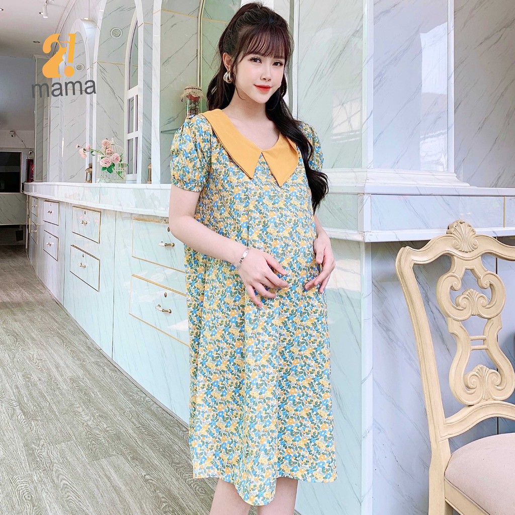 Váy bầu thiết kế dự tiệc công sở mùa hè 2MAMA suông hoa nhí V81