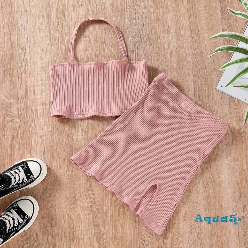 Bộ 2 món áo croptop không tay cổ yếm + chân váy ngắn xẻ tà màu trơn thời trang mùa hè cho bé gái 2-7 tuổi
