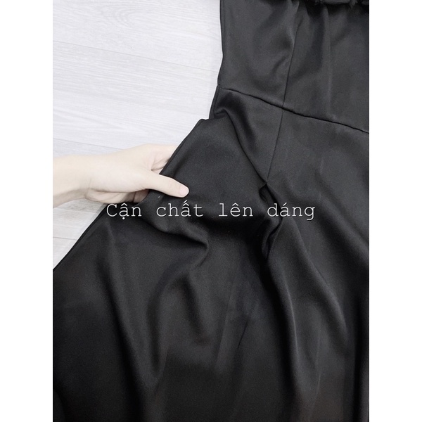 Váy trễ vai đen phối voan tơ mềm xoè tiểu thư chanh xả
