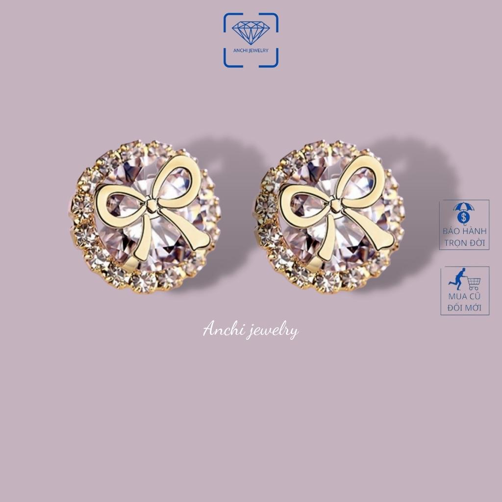 Bông tai nữ tròn đính đá mạ vàng, chuẩn bạc ta, Anchi jewelry