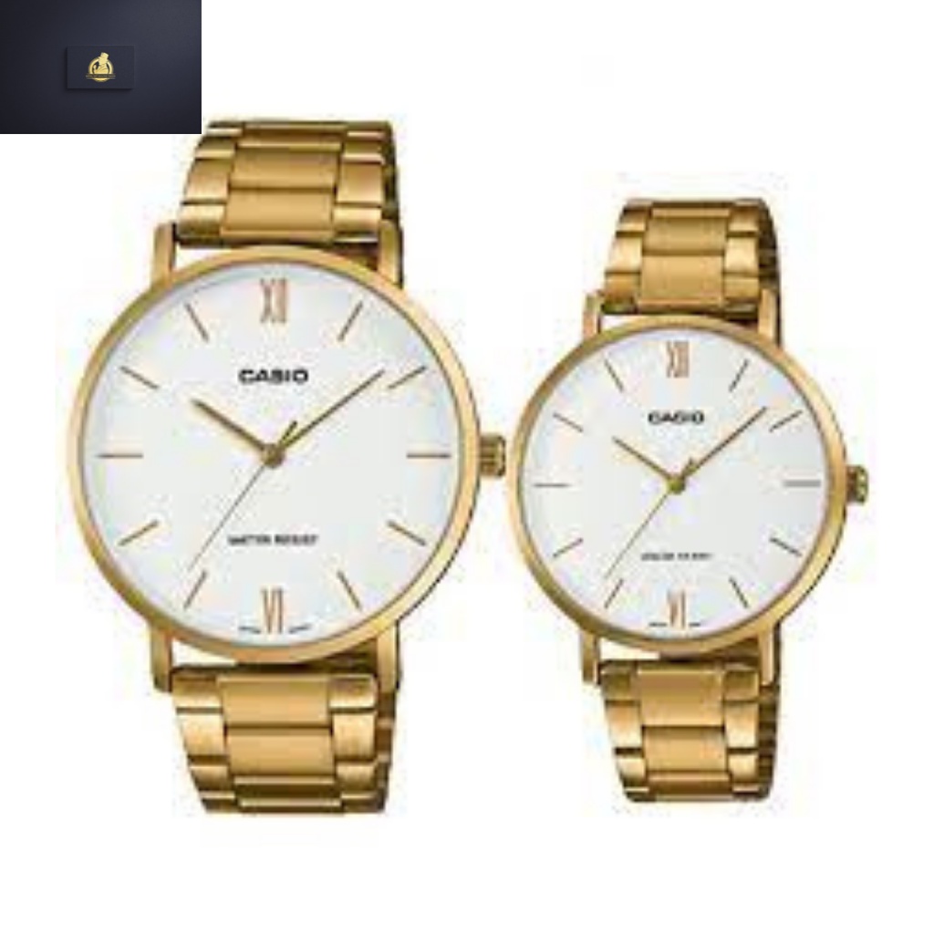 Đồng Hồ Đôi Casio Couple VT01G-7BUDF Dây Thép Vàng Mặt Trắng Kính Khoáng, Chống Nước, Nam Size 40mm Nữ 34mm