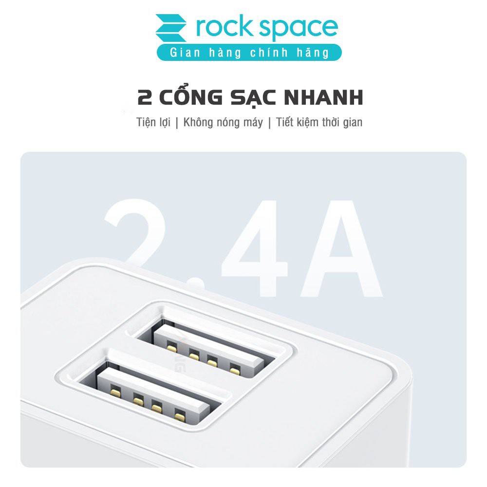 Bộ sạc nhanh iphone Rockspace T39 2 cổng 2,4A + Cáp sạc nhanh iphone, màu trắng, hàng chính hãng, Bảo Hành 1 năm