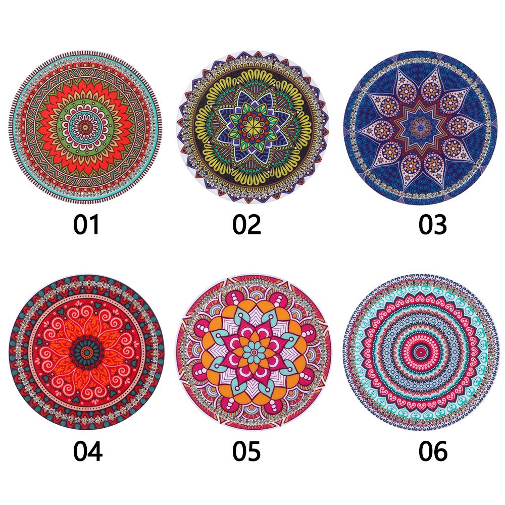 Miếng lót ly bằng cao su chống trượt họa tiết mandala đính đá trang trí nội thất ô tô