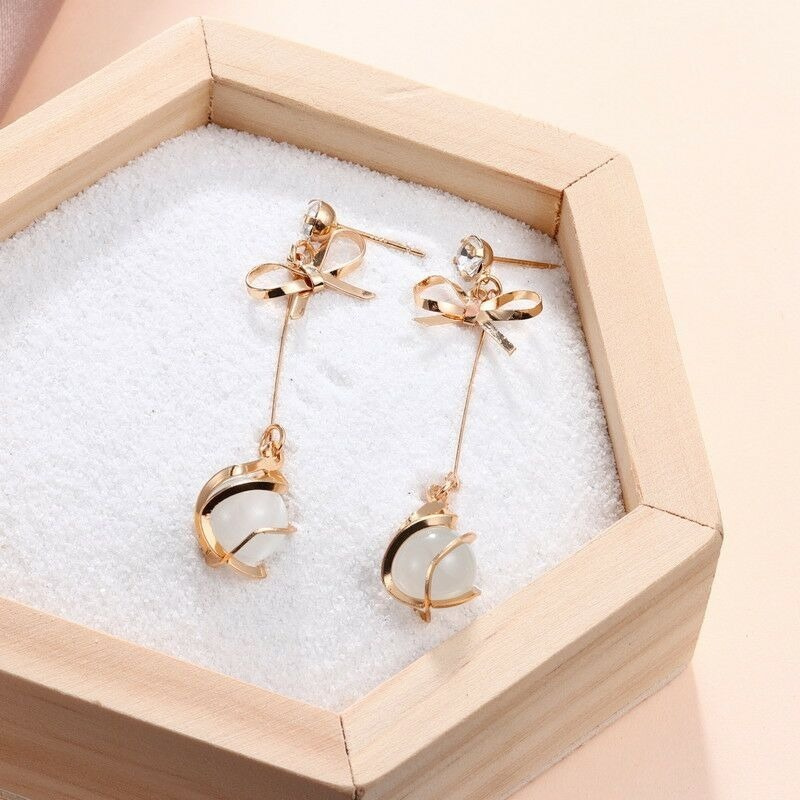 Bông tai dáng dài hình nơ đính đá opal phong cách Hàn Quốc thanh lịch cho nữ