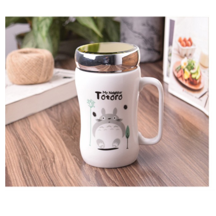 Ly sứ giữ nhiệt có nắp gương, cốc in hình totoro dễ thương dung tích 450ml mã CS05- giao họa tiết ngẫu nhiên