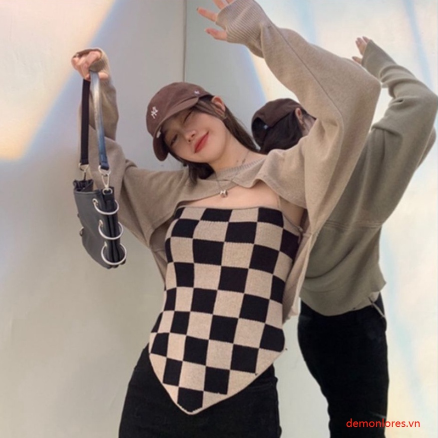 Áo len tay dài hai mảnh họa tiết kẻ ô màu trơn dành cho nữ