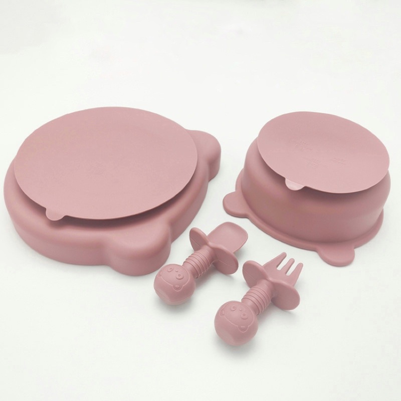 Set ăn dặm silicon 5 món cho bé, bát ăn dặm silicon, khay silicon chống lật phong cách Hàn Quốc