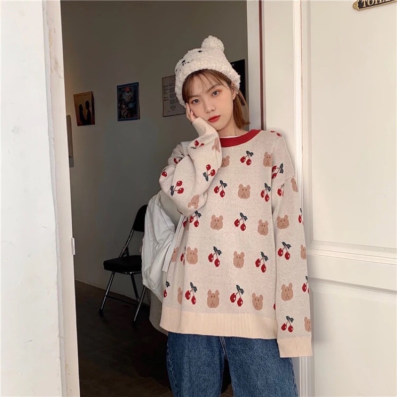 Áo len cherry cute form rộng