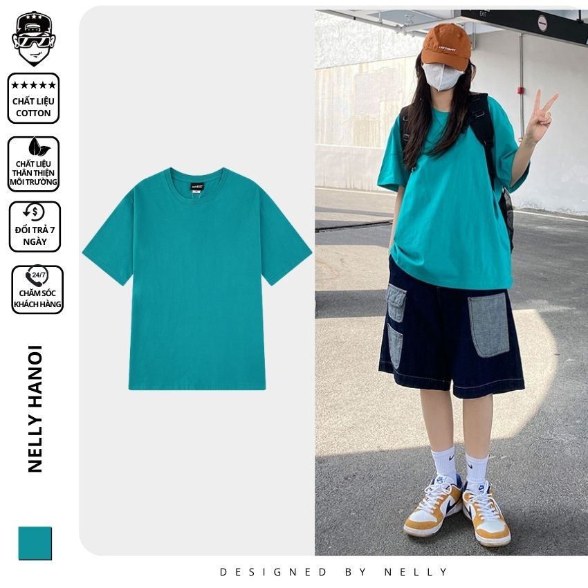 Áo thun tay lỡ NELLY phông Unisex nam nữ oversize form rộng xanh hồ