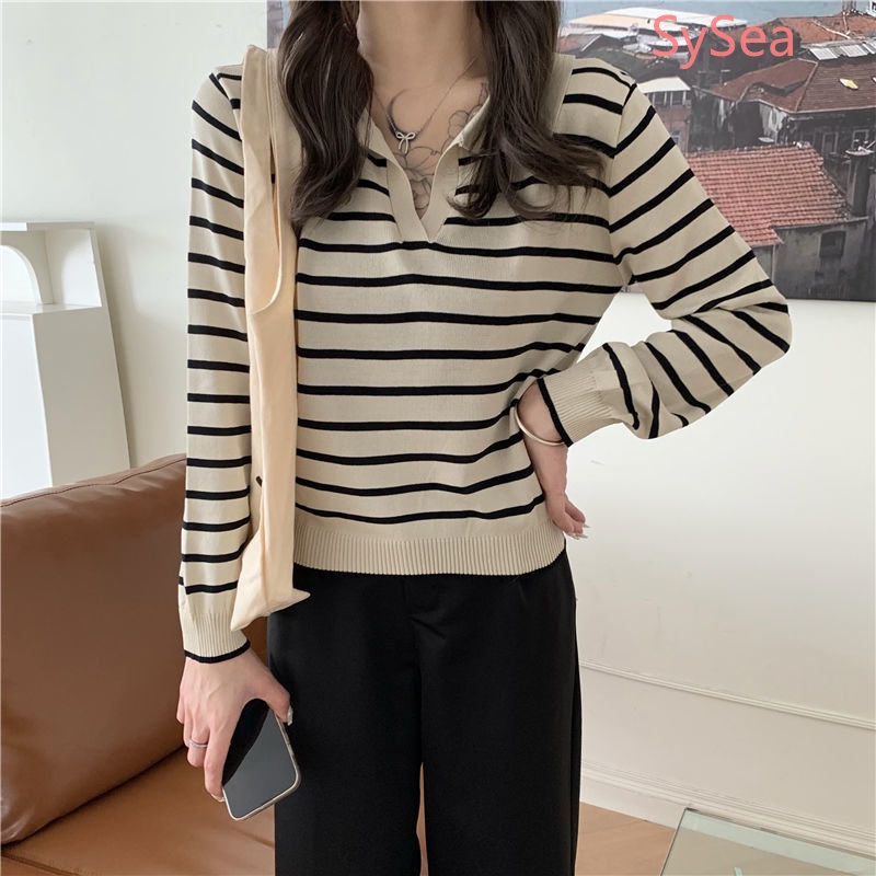 Áo Polo Dệt Kim Kẻ Sọc Kiểu Vintage Thời Trang Mùa Thu Cho Nữ