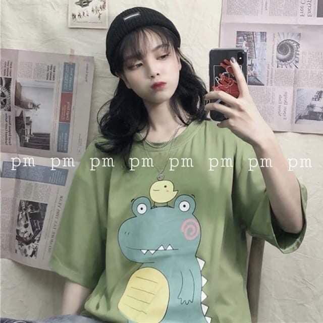 [GIÁ XƯỞNG] Áo phông tay lỡ unnisex hình Khủng long má hồng_Áo thun form rộng nam nữ dễ thương