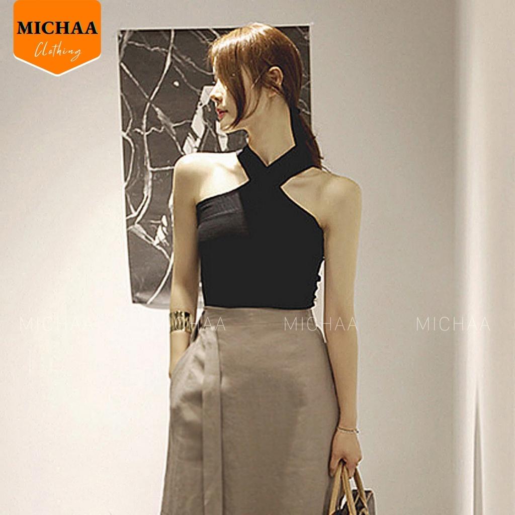 Áo Croptop YẾM 2 DÂY ĐẮP CHÉO BẢN TO Nữ Thun Gân, Áo Chéo Cổ - MICHAA