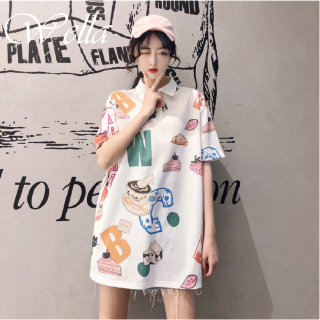 Áo phông polo nữ dáng dài in hoạ tiết đáng yêu