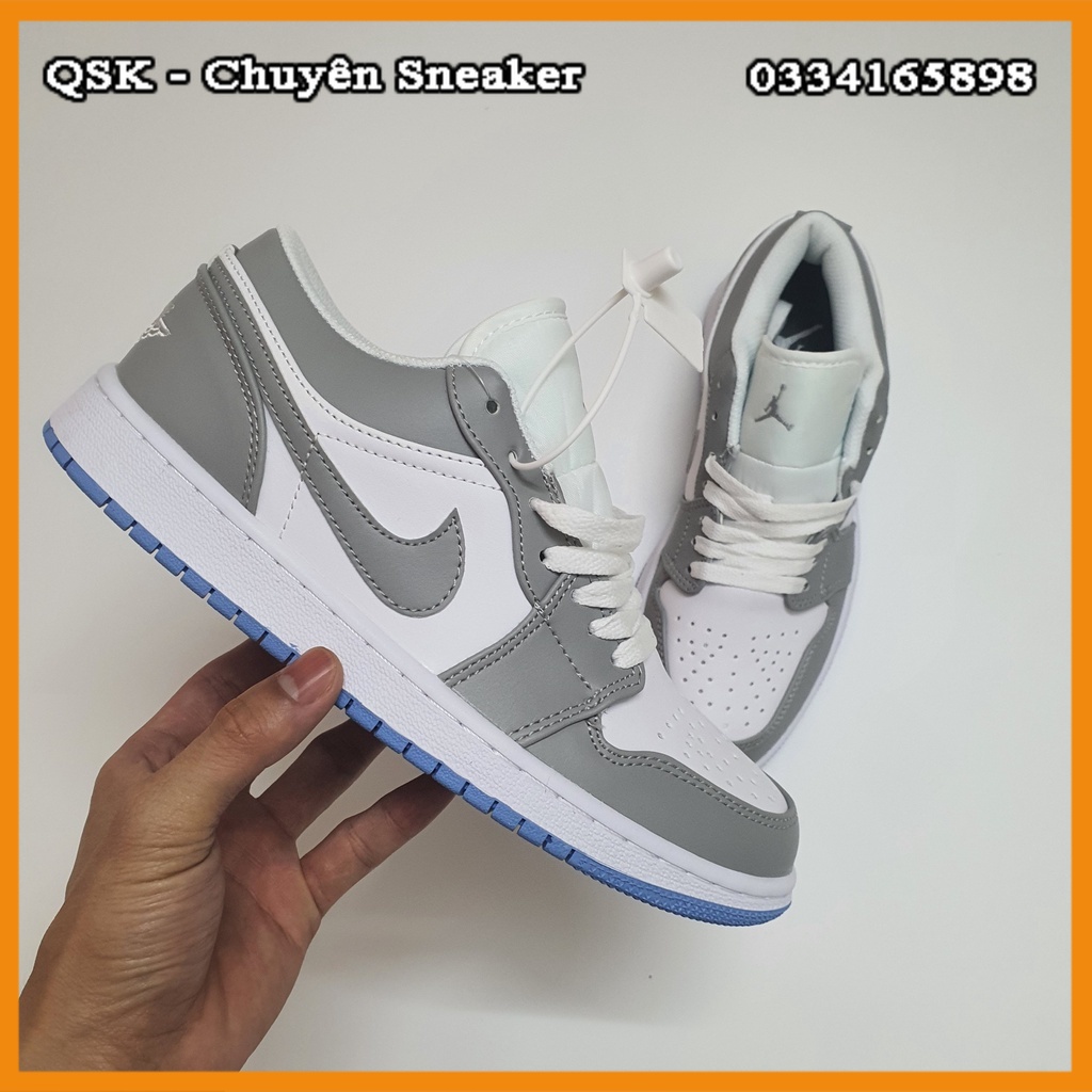 Giày Jordan 1 Low Wolf Grey Xám Trắng Xanh Fullbox, Giày thể thao jordan 1 cổ thấp xám đế xanh da nhăn