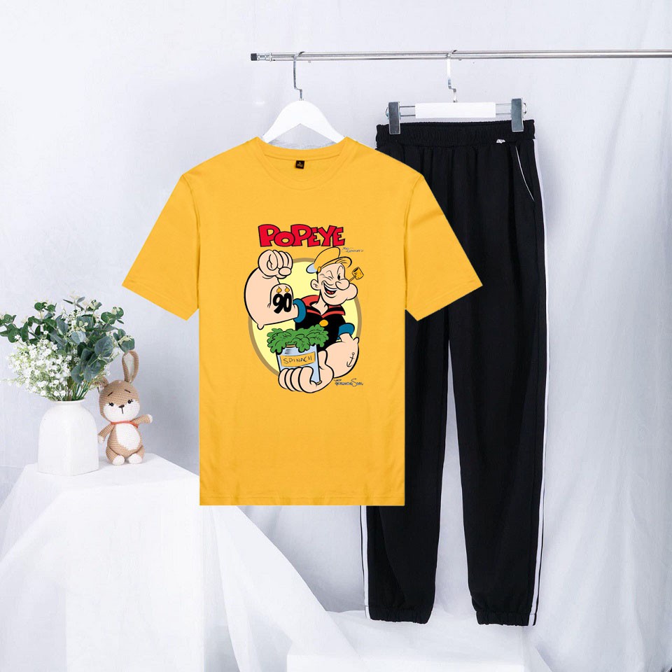 Sét Bộ Quần Áo Ulzzang Mùa Hè Nữ Mặc Đi Chơi Xinh Cute, Áo Phông Cotton Ngắn Tay In 3D PoPeye Mix Quần Thun Bo Gấu