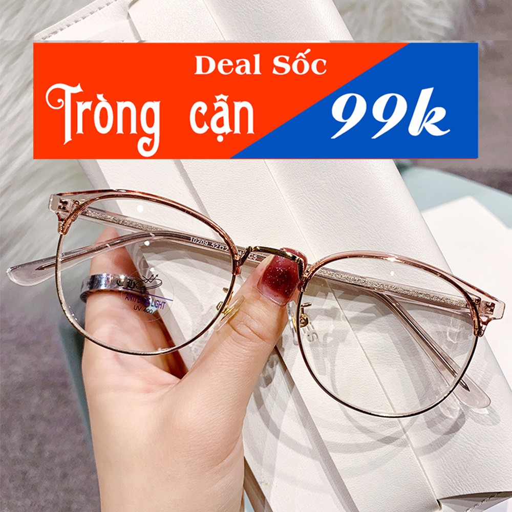 Gọng kính nam nữ mắt cận tròn kim loại/nhựa 10209 màu đen, nâu, xám. Tròng giả cận 0 độ chống ánh sáng xanh, tia UV - Hà