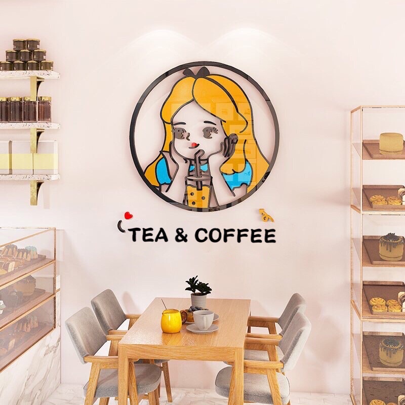Tranh dán tường mica cô gái tóc vàng trang trí quán cafe, trà sữa