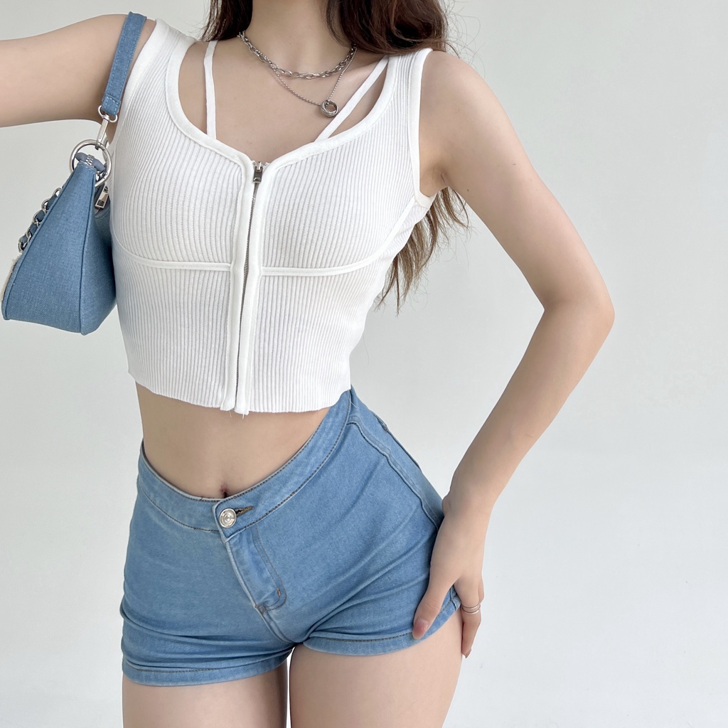 SUXI Áo Croptop Dệt Kim Không Tay Màu Sắc Đơn Giản Dễ Phối Đồ