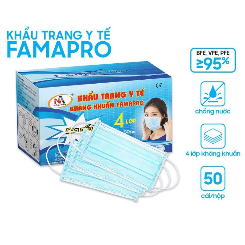 Khẩu trang famapro Nam Anh hàng chính hãng, có tem số lô. Có 3 màu trắng, xanh, xám. Chia 1 túi 10 cái hộp 5 túi