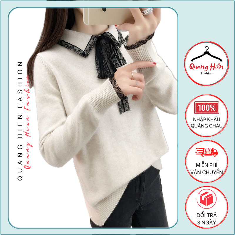 Áo len nữ Quảng Châu cổ bẻ nơ ren thanh lịch freesize MS367
