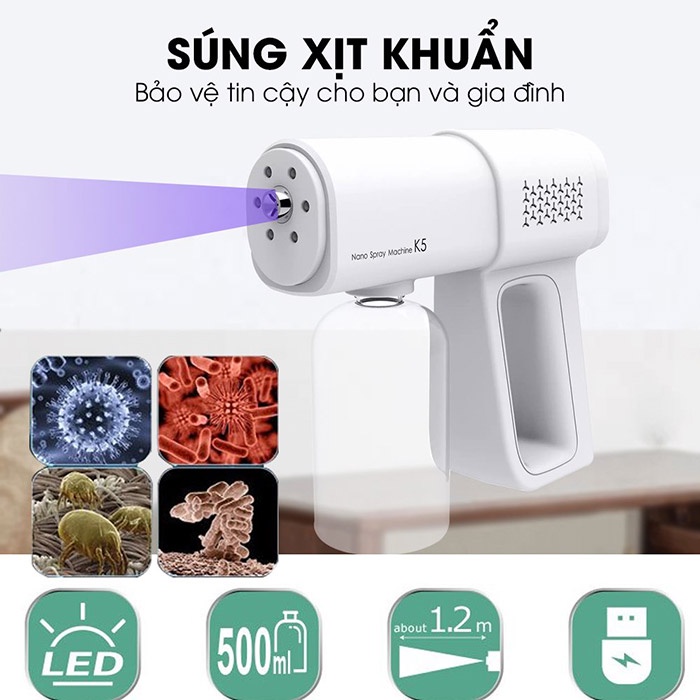 Súng phun khử khuẩn K5 Pro, máy phun cồn tự động dụng cụ lau chùi vệ sinh,tiệt trùng bằng tia UV diệt 99% vi khuẩn