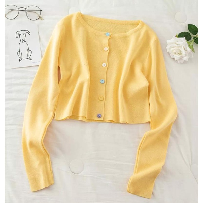 (R.A) Áo Khoác Cardigan Dệt Kim Cao Cấp Cho Nữ Tuổi Teen | Áo Khoác Cardigan Dệt Kim Thiết Kế Trẻ Trung Cho Nữ | Áo Thun Họa Tiết Cô Gái Kiểu Hàn Quốc | Áo Nữ Cardy | Thời Trang Nữ | Trang Phục Cardi Momo Màu Vàng (Áo Khoác Ngoài 01