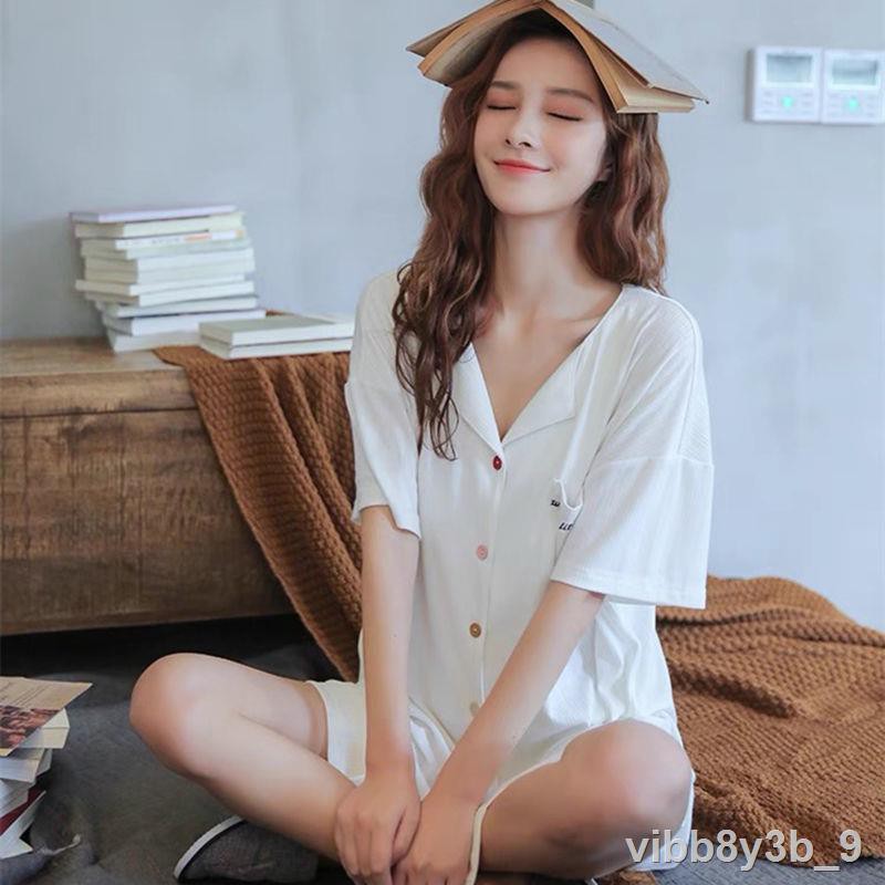 pyjama nữ phong cách sinh viên hàn quốc in gió băng lụa ren áo sơ mi dài giữa cardigan mỏng ngủ aL