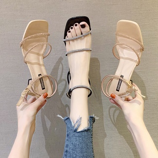 Sandal nữ quai ngang đính đá gót vuông siêu xinh