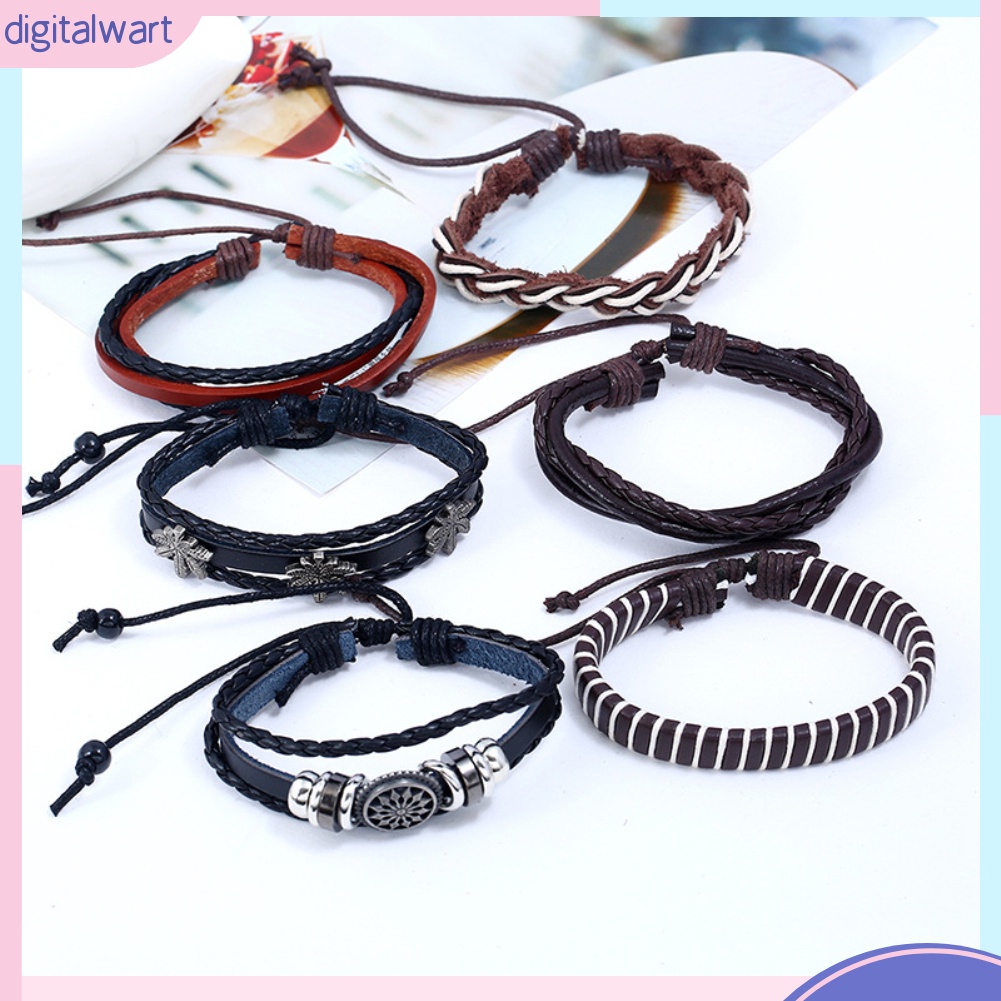 Set 6 vòng đeo tay da giả và dây bện phong cách retro thời trang dành cho nam