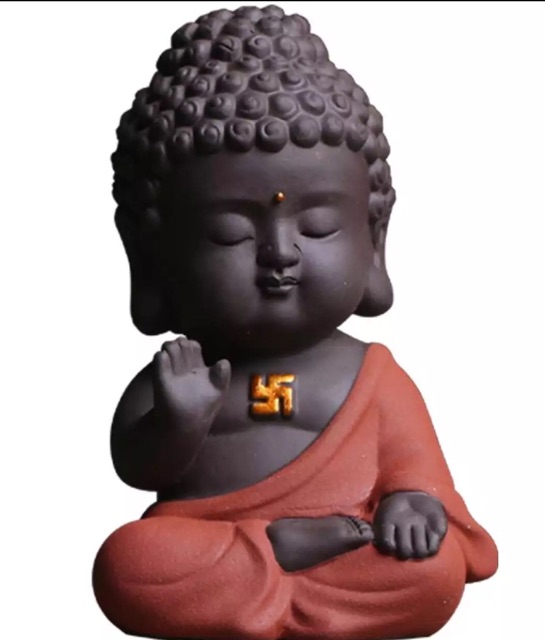 Tượng Phật Adida áo đỏ gốm tử sa kèm chuỗi hạt gỗ tuyệt đẹp