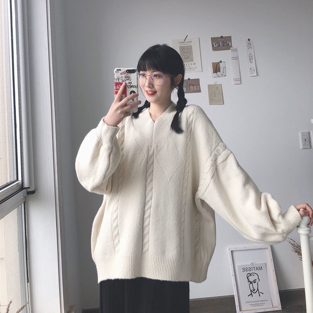 Mới Áo Sweater Dệt Kim Tay Dài Dáng Rộng Cổ Chữ V Màu Trơn Kiểu Hàn Quốc Xinh Xắn Cho Nữ