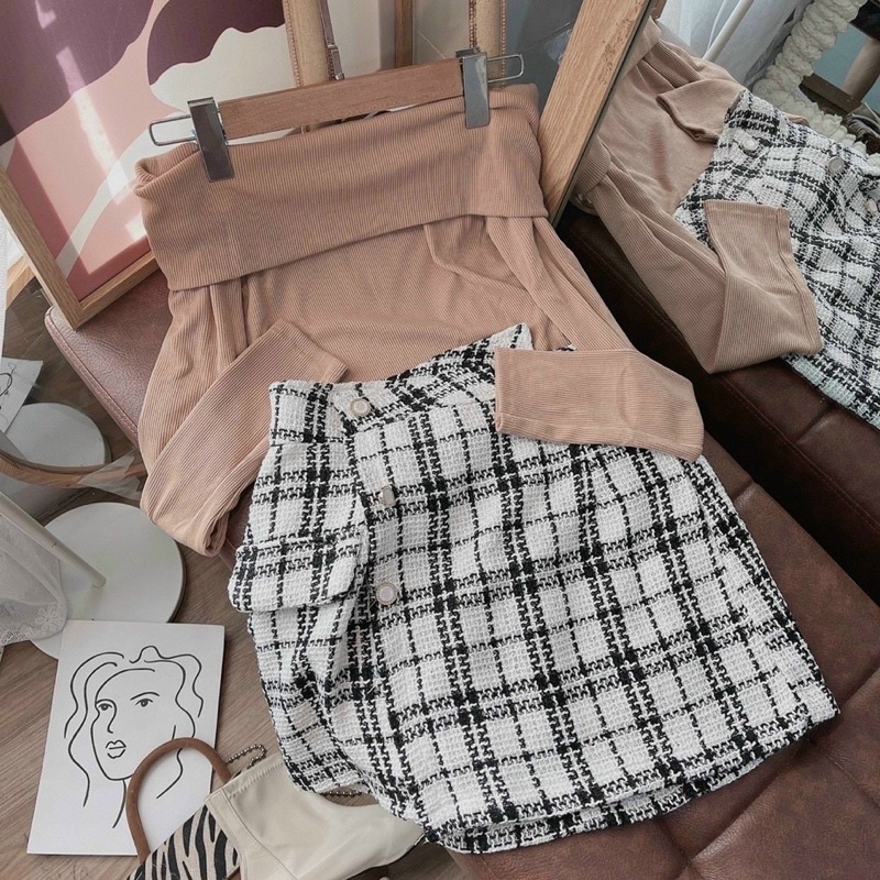 SET ÁO KEM GÂN BẸT VAI + CHÂN VÁY KẺ CARO BỐ