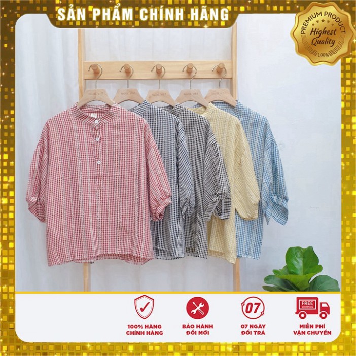 Sơ mi tay lỡ caro nhí cổ tàu bổ 3 cúc 7820 (hình thật) /ngocvietshop07